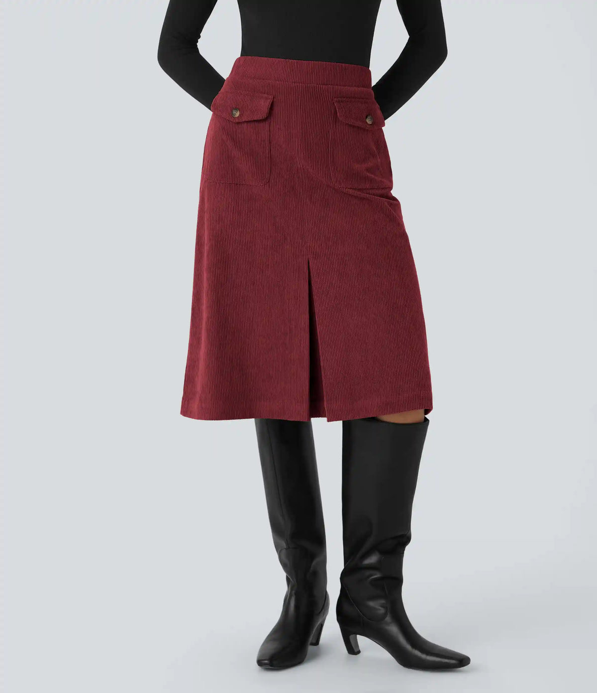 Mid Rise Front Side Flap Pocket Midi Corduroy Casual Skirt