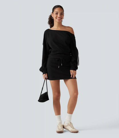 Boat Neck Long Sleeve Side Stripe Waffle Casual Top