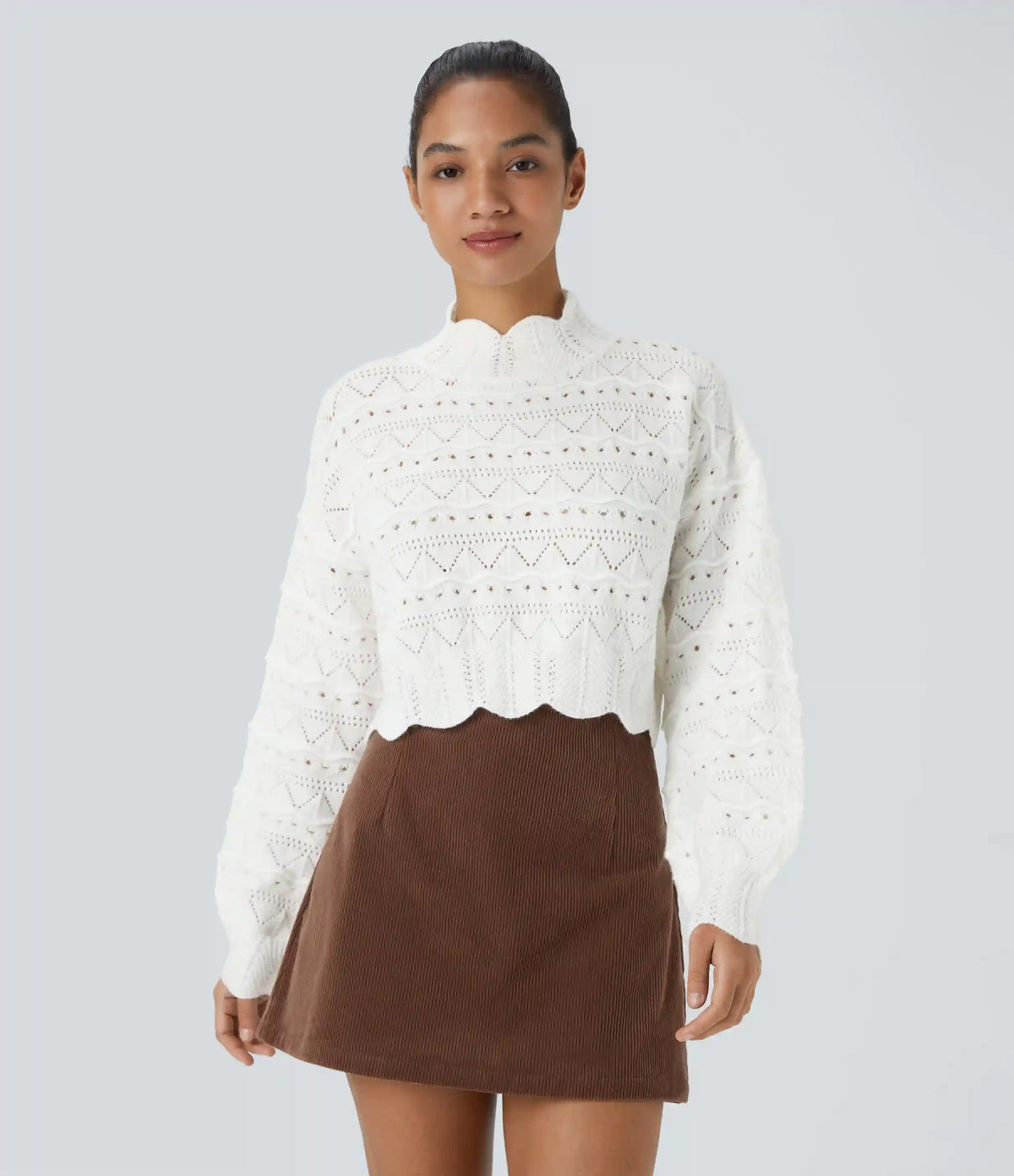 Mock Neck Bishop Sleeve Scallop Hem Open Knit Casual Sweater