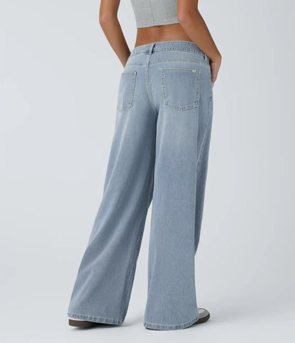 Halara Flex™ Asymmetric Low Rise Zipper Pockets Baggy Wide Leg Washed Casual Jeans