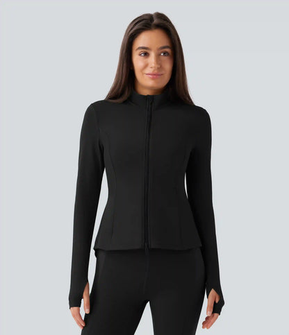 SoftlyZero™ Stand Collar Thumb Hole Pockets Pleated Zipper Slim Jacket
