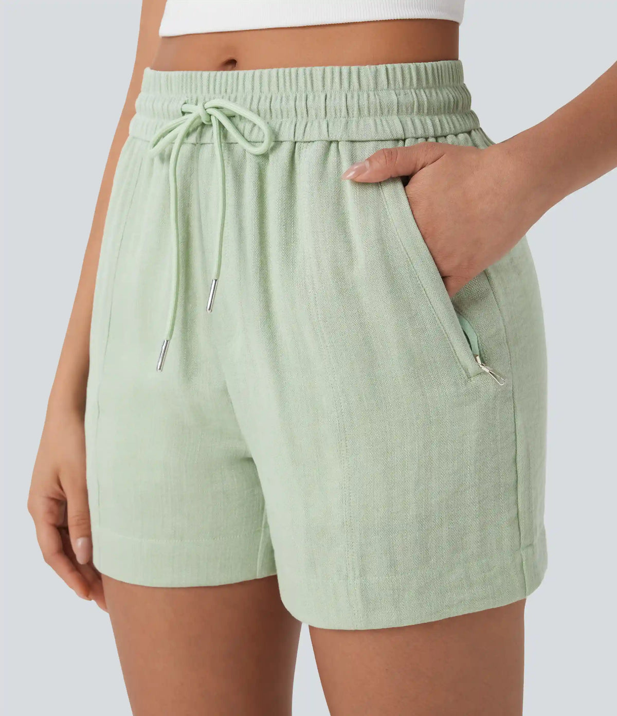 Mid Rise Drawstring Linen-Feel Work Shorts with Side Zip Pockets