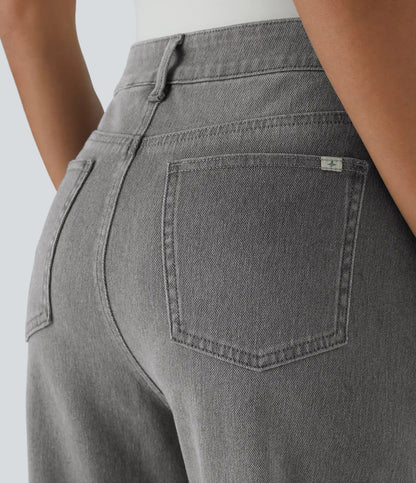 Halara Flex™ High Waisted Zipper Pockets Washed Casual Jeans