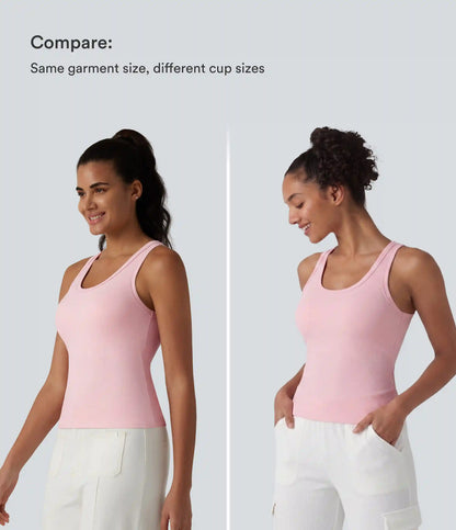 Ribbed Knit U Neck Built-in Bra Dance Tank Top B-E Cups