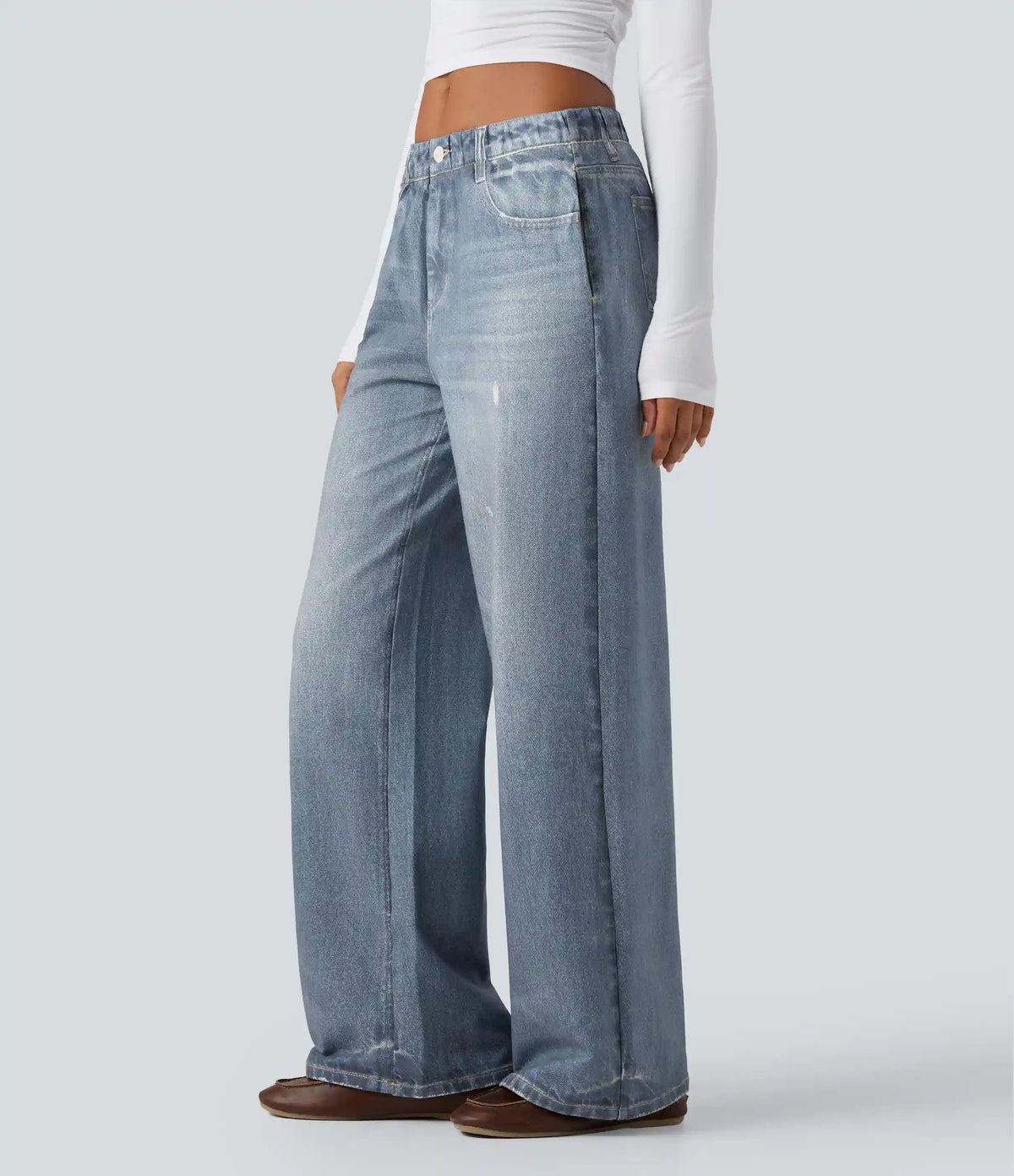 Mid Rise Denim Print French Terry Casual Sweatpants Jeans with Pockets