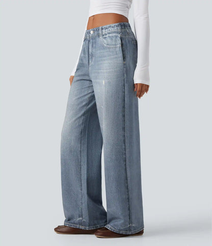 Mid Rise Denim Print French Terry Casual Sweatpants Jeans with Pockets
