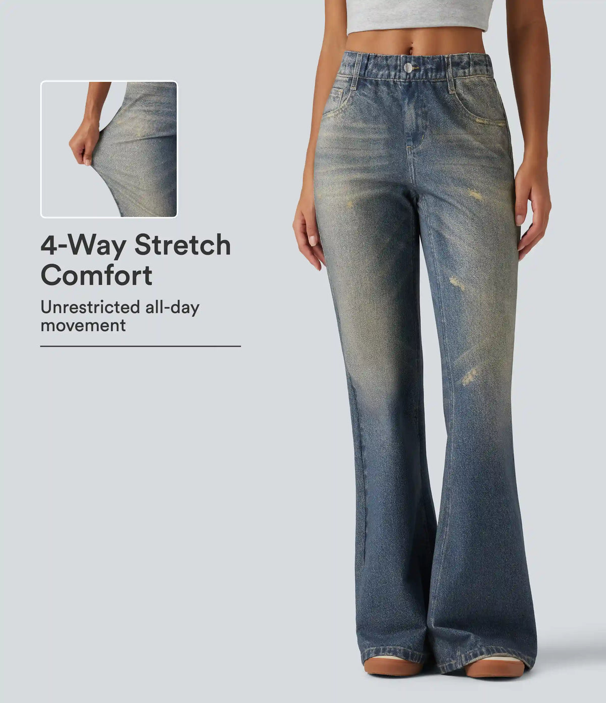 Mid Rise Denim Print Casual Flare Jeans with Pockets