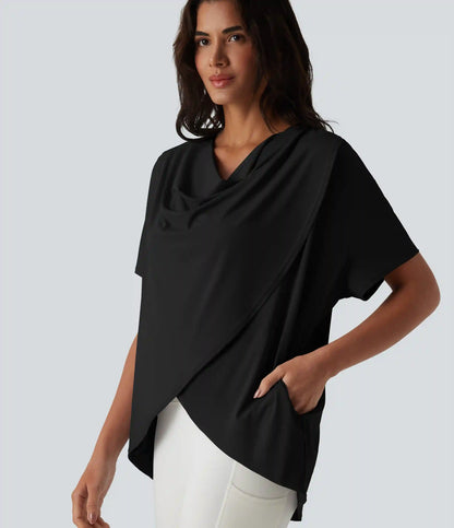 Hooded Cowl Neck Short Sleeve Yoga Sports Top with Pockets