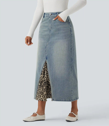 Halara Flex™ Mid Rise Contrast Leopard Mesh Midi Denim Casual A-line Skirt with Pockets