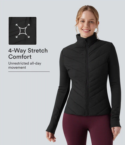 PuffFlex Stand Collar Zipper Long Sleeve Running Quilted Jacket with Pockets