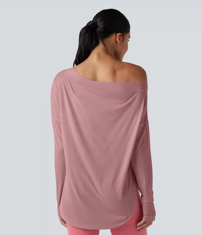 One Shoulder Long Sleeve Thumb Hole Curved Hem High Low Quick Dry Yoga Sports Top-Built-in Bra