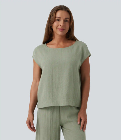 Round Neck Batwing Sleeve Casual Linen-Feel Top