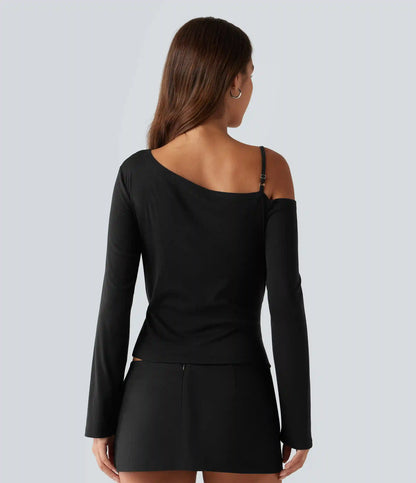 One Shoulder Long Sleeve 2-in-1 Contrast Lace Casual Top