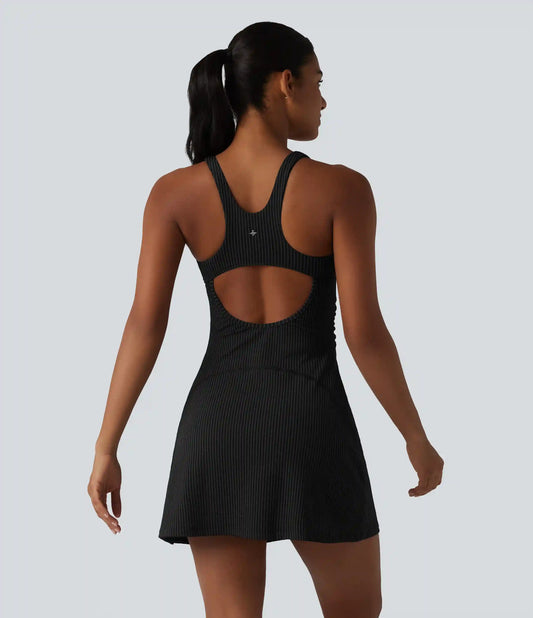 U Neck Built-in Bra 2-Piece Stripe Quick Dry Mini Tennis Active Dress with Pockets-UPF40+