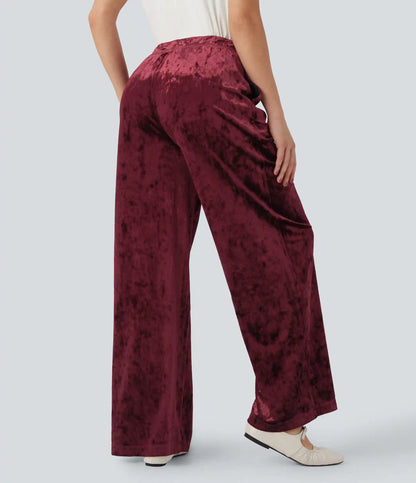 High Waisted Drawstring Velvet Casual Wide Leg Pants with Pockets