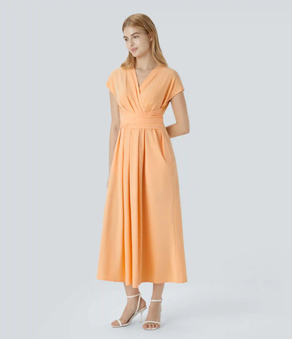 Breezeful™ V Neck Short Sleeve Pocket Tie Back Quick Dry Midi Casual Dress-Longer Length