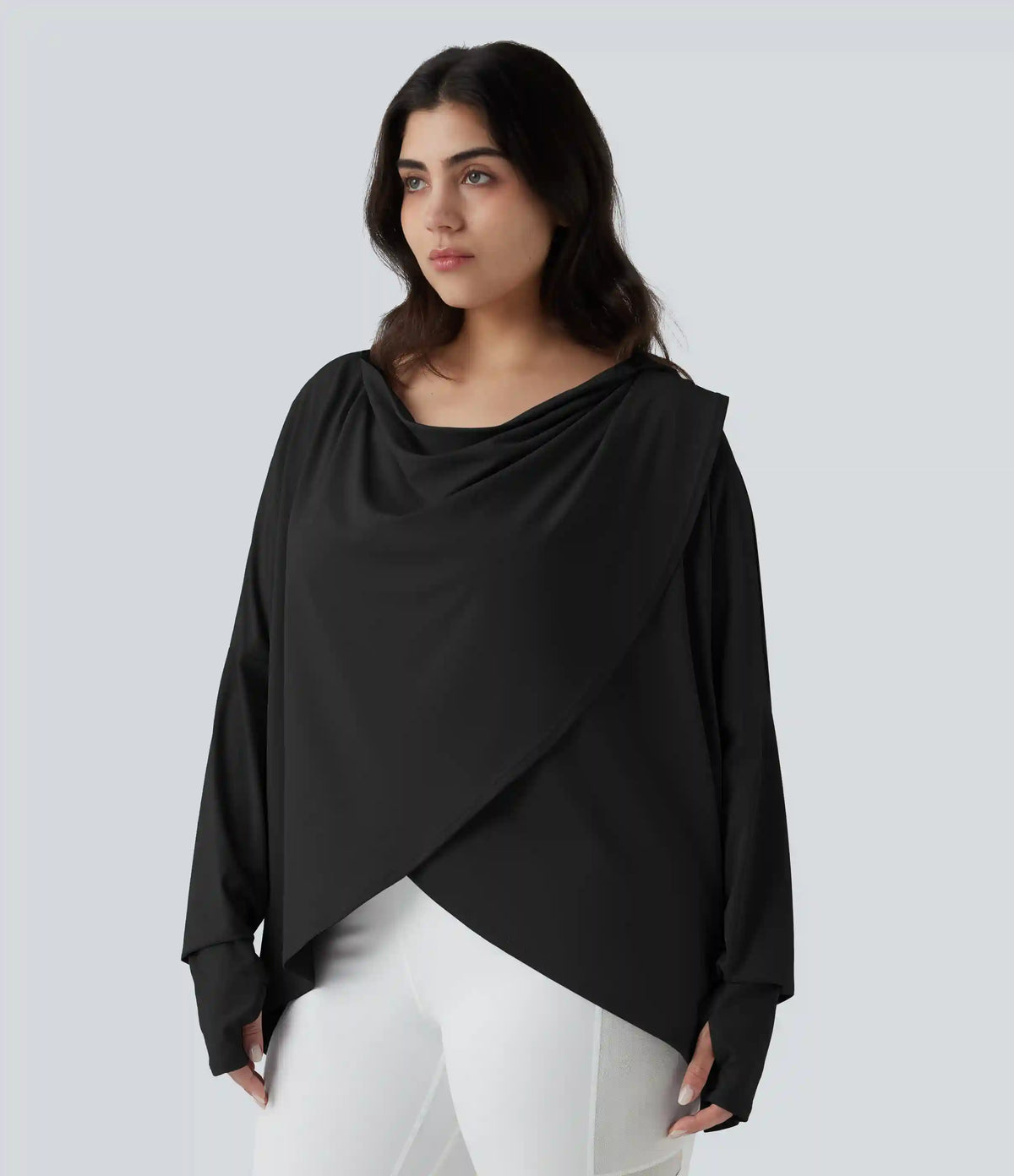 Plus Size Hooded Cowl Neck Long Sleeve Thumb Hole Yoga Sports Top with Pockets