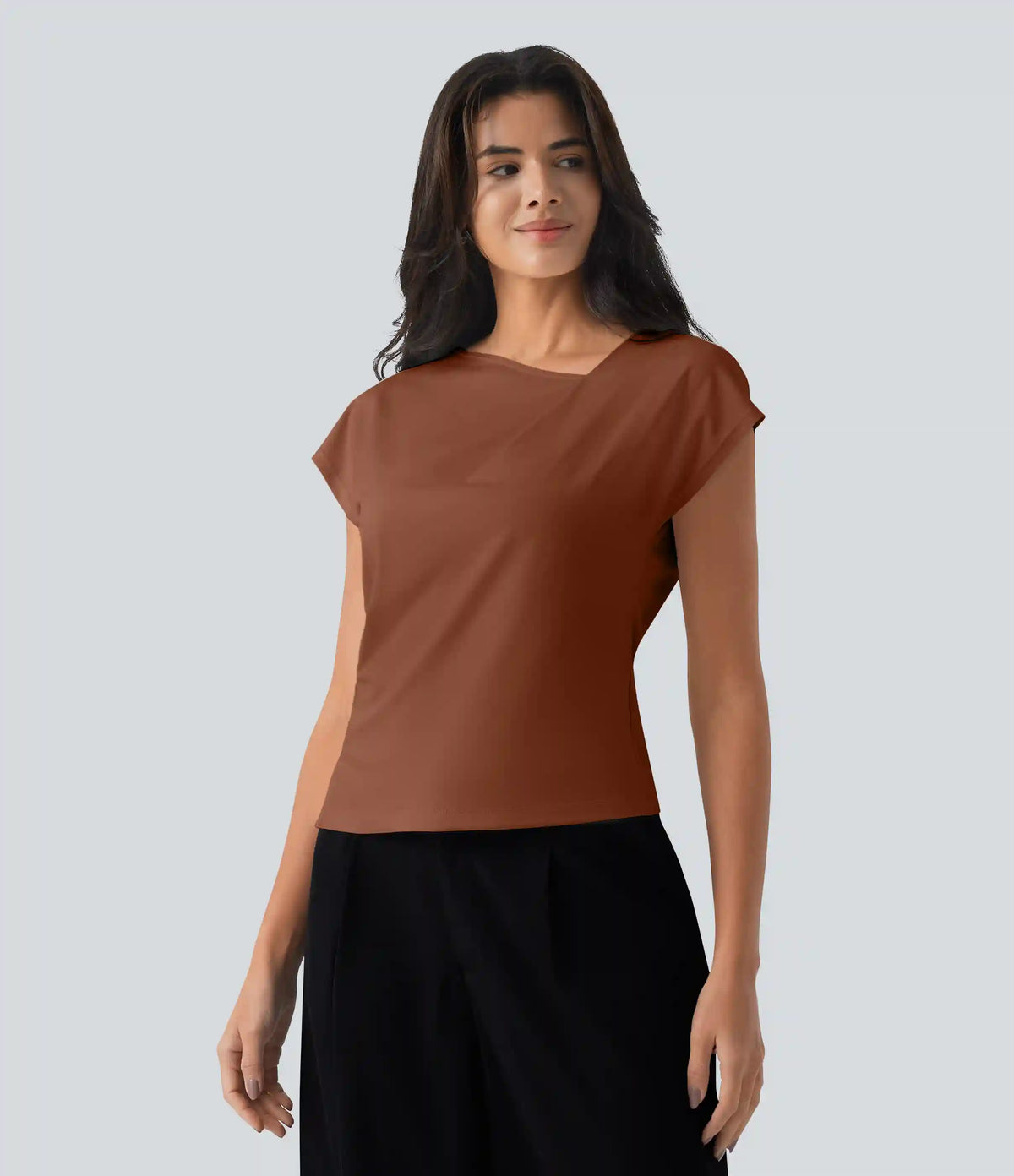 Asymmetric Cowl Neck Short Sleeve Ruched Split Hem Work Blouse