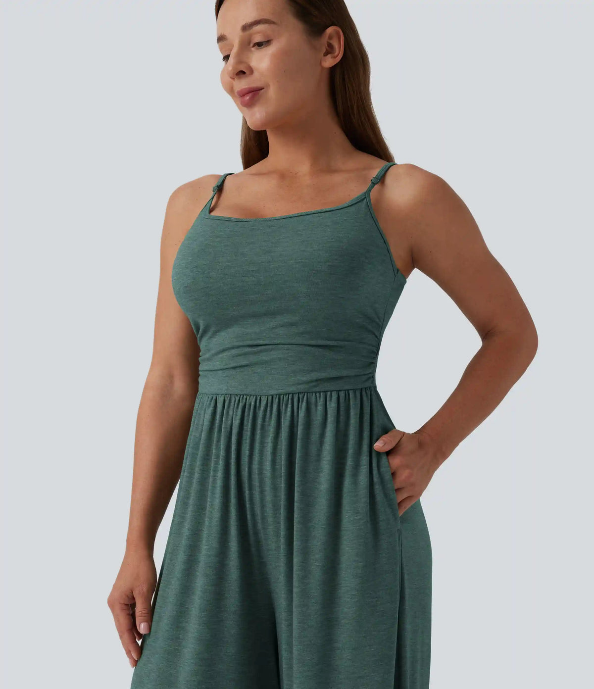 Adjustable Straps Ruched Wide Leg Heathered Casual Jumpsuit with Pockets-Easy Peezy