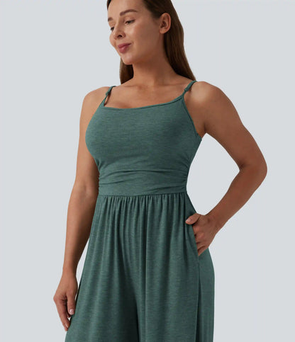 Adjustable Straps Ruched Wide Leg Heathered Casual Jumpsuit with Pockets-Easy Peezy