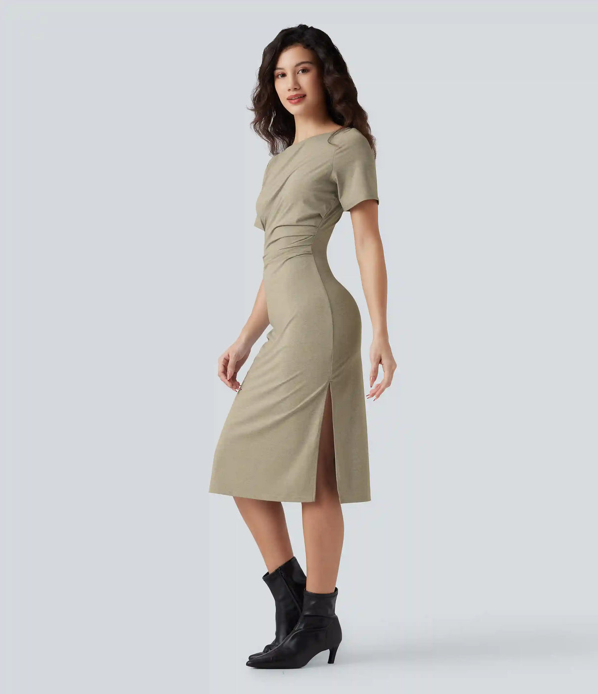 Short Sleeve Ruched Bodycon Midi Work Dress