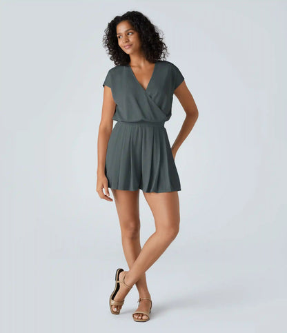 V Neck Short Sleeve Pocket Waffle Casual Romper