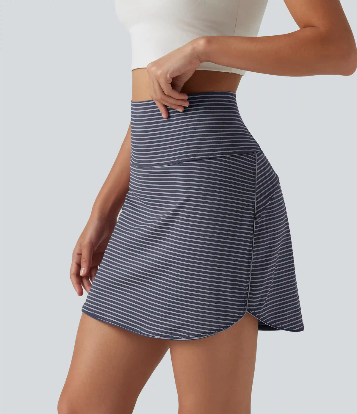 Ultra High-Waist Tummy Control Curved Hem 2-in-1 Stripes Golf Mini Skirt with Pockets