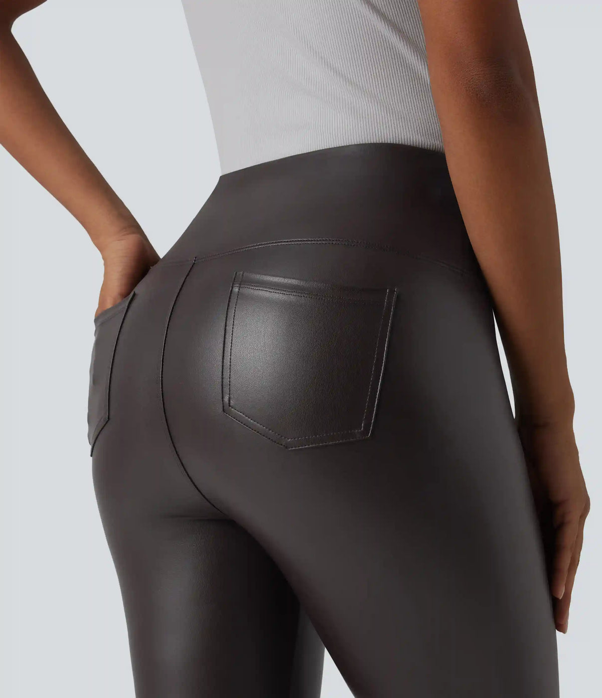 High Waisted Tummy Control Stretchy PU Casual Capri Leggings with Pockets