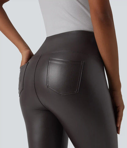High Waisted Tummy Control Stretchy PU Casual Capri Leggings with Pockets