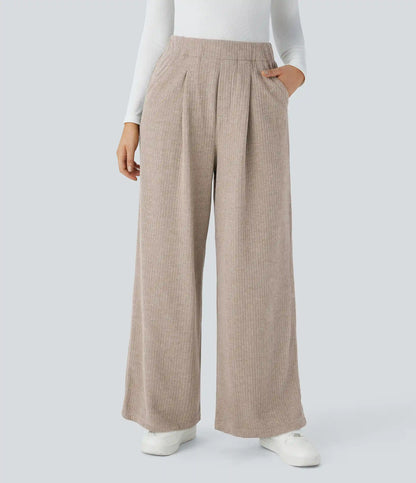 Ribbed High Waisted Pocket Wide Leg Casual Pants