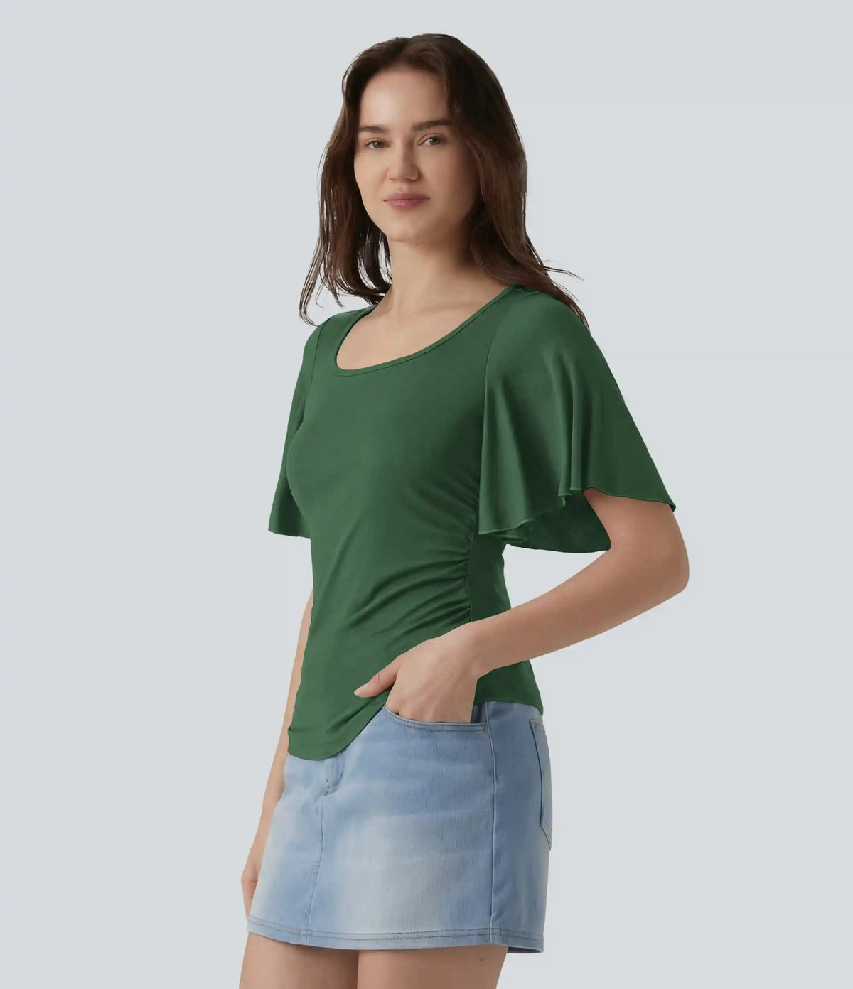 Ribbed Square Neck Butterfly Sleeve Ruched Casual T-Shirt