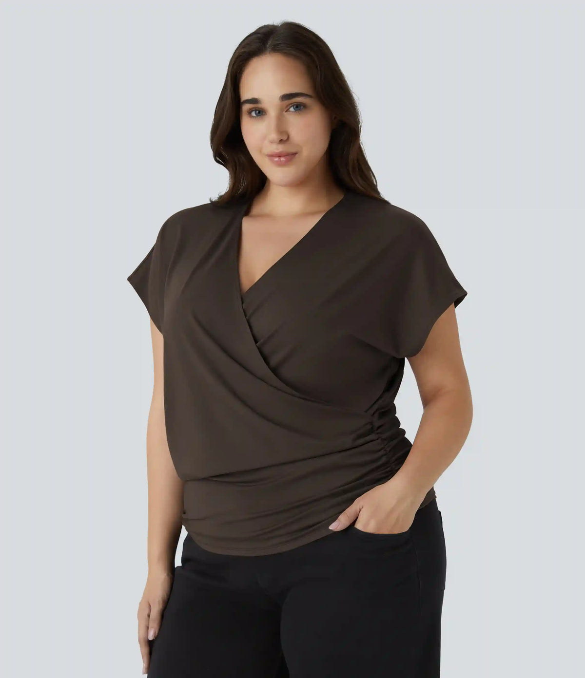 V Neck Cap Sleeve Crossover Ruched Solid Work Plus Size Blouse