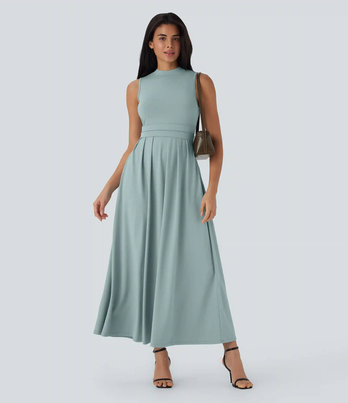 Stand Collar Sleeveless Flare Maxi Casual Dress with Pockets