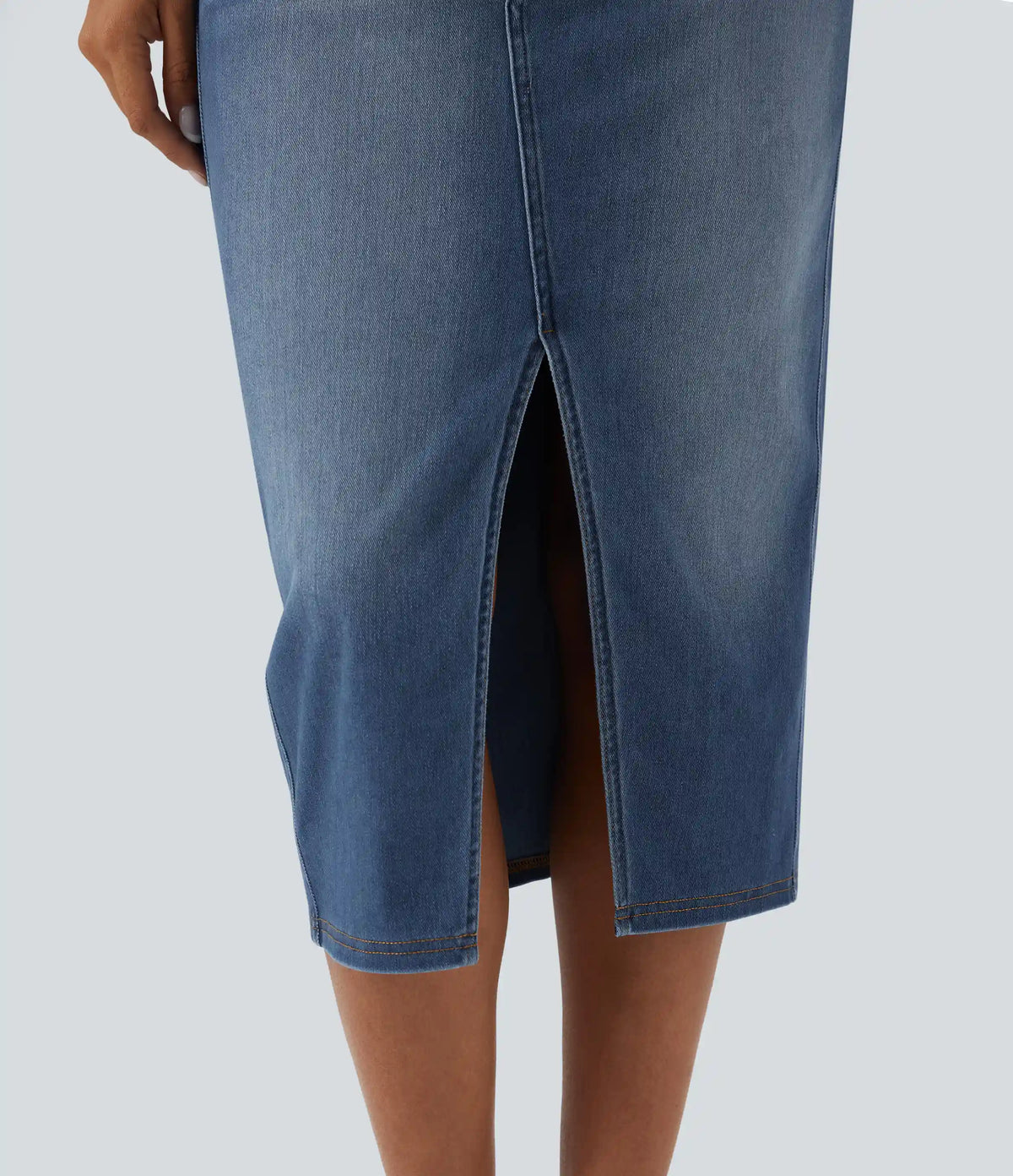 Halara Flex™ Asymmetric Mid Rise Split Bodycon Denim Casual Skirt with Pockets