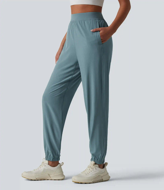 High Waisted Inner Drawstring Eyelet 2-in-1 Zip Hem Quick Dry Running Joggers with Pockets