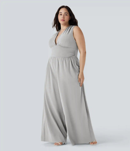 Plus Size V Neck Sleeveless Jumpsuit with Pockets-Easy Peezy Edition