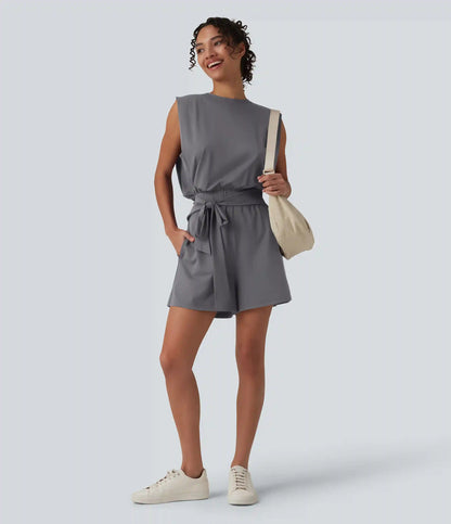Round Neck Sleeveless Tie-front Cool Touch Casual Romper with Pockets-Easy Peezy-UPF50+