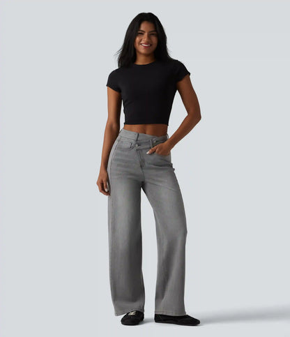 Halara Flex™ Asymmetric High Waisted Washed Casual Baggy Jeans with Pockets