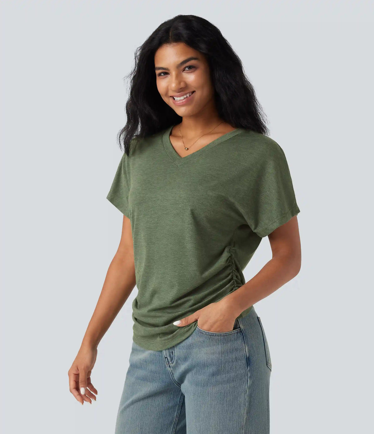 V-neck Short Sleeve Ruched Relaxed Casual Top