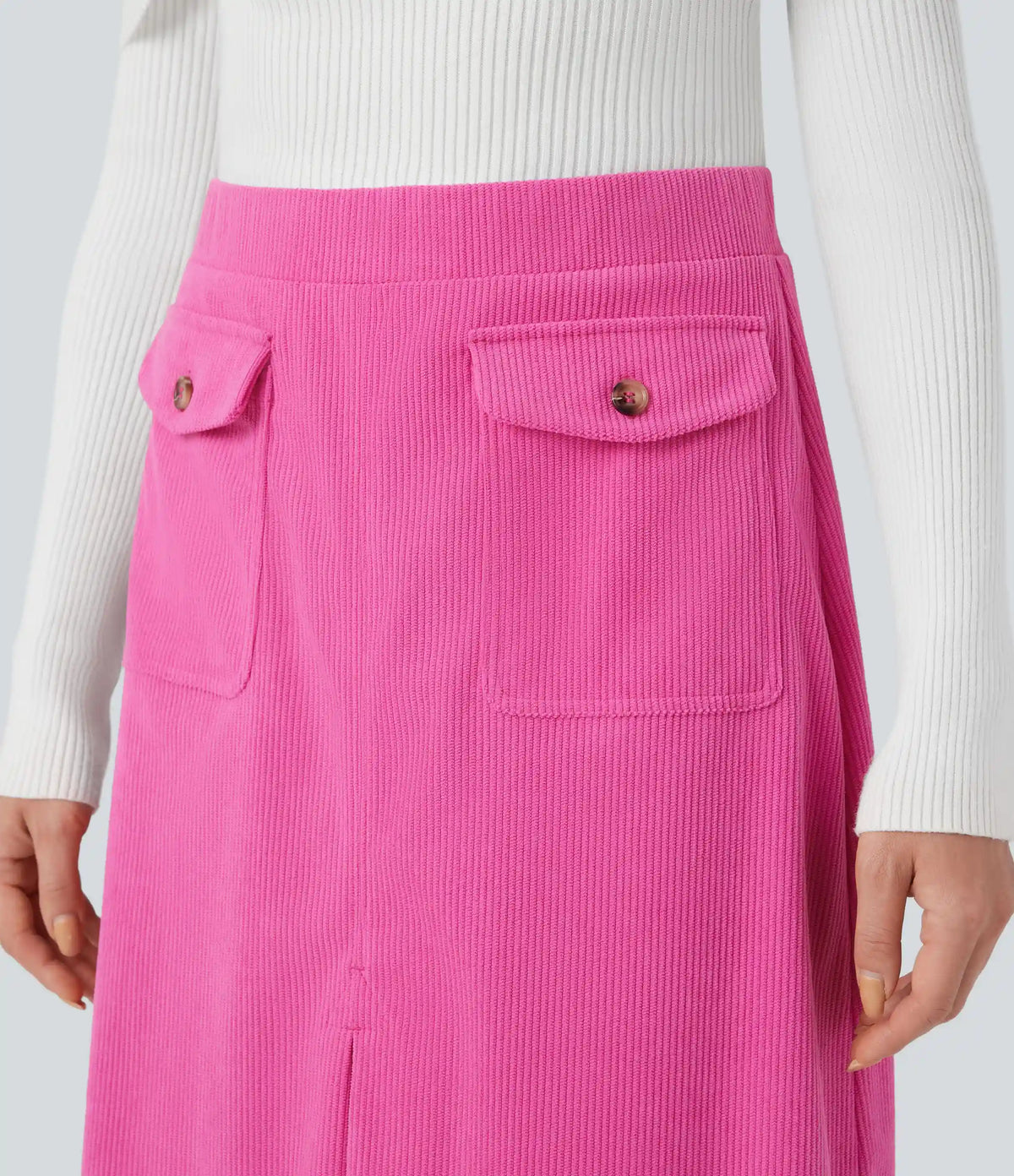 Mid Rise Front Side Flap Pocket Midi Corduroy Casual Skirt