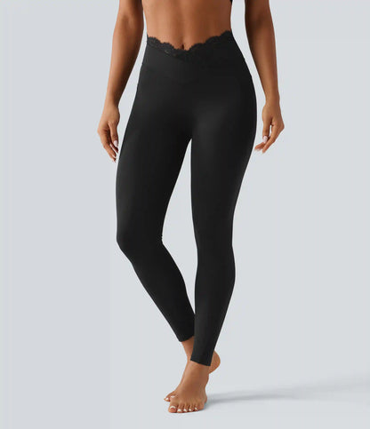 SoftlyZero™ High Waisted Crossover Contrast Lace Yoga Leggings with Pockets