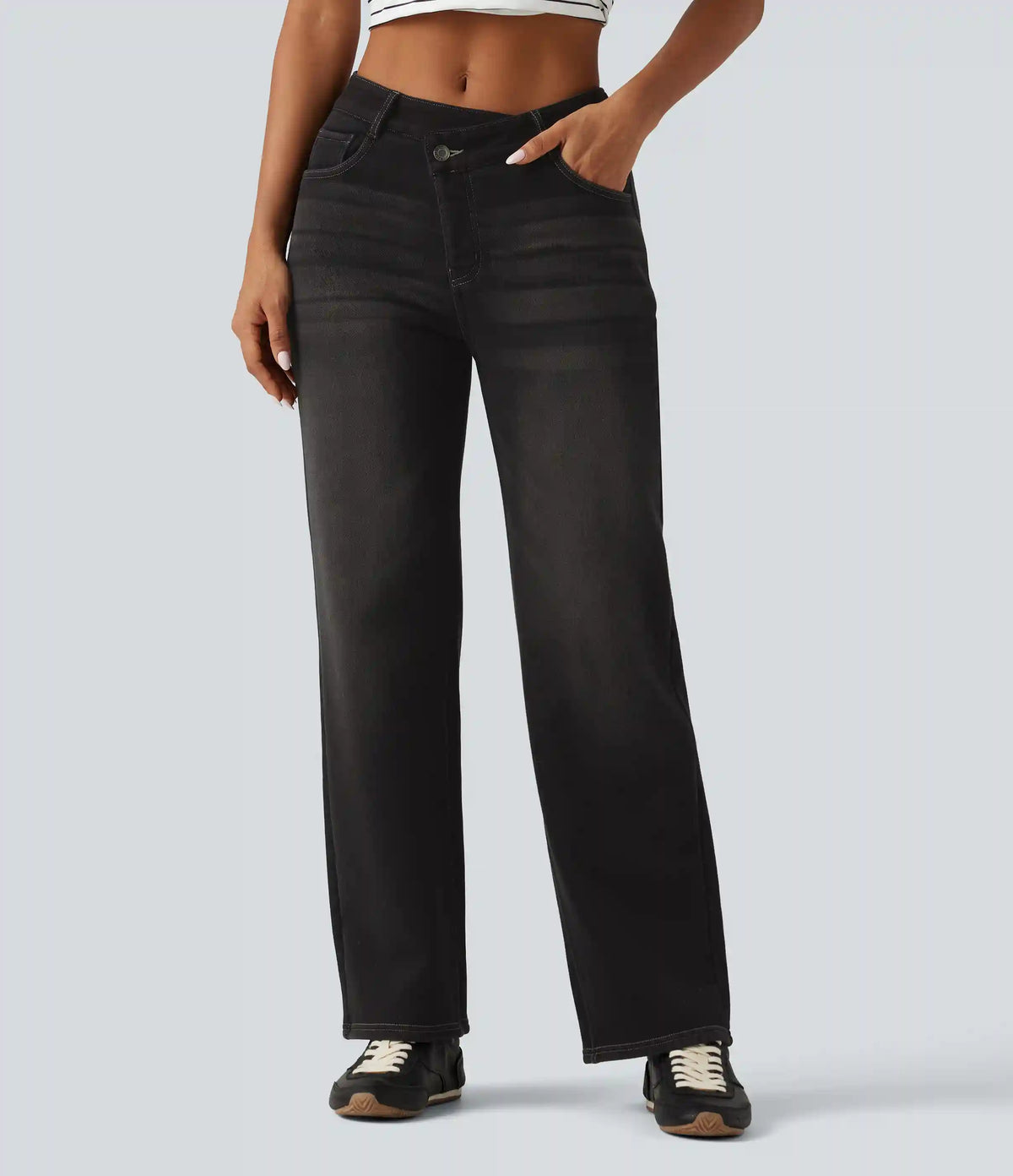 Mid Rise Asymmetric Straight Leg Fleece Casual Jeans with Pockets