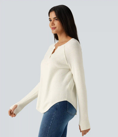 Henley Neck Long Sleeve Thumb Hole Curved Hem Casual Sweater