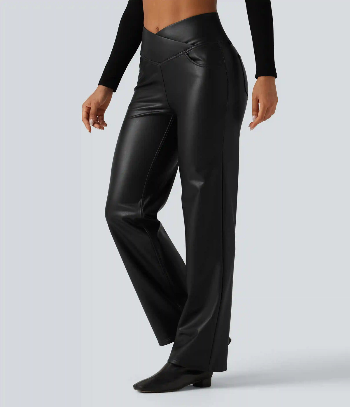 High Waisted Crossover Tummy Control Straight Leg Stretchy PU Fleece Casual Pants with Pockets