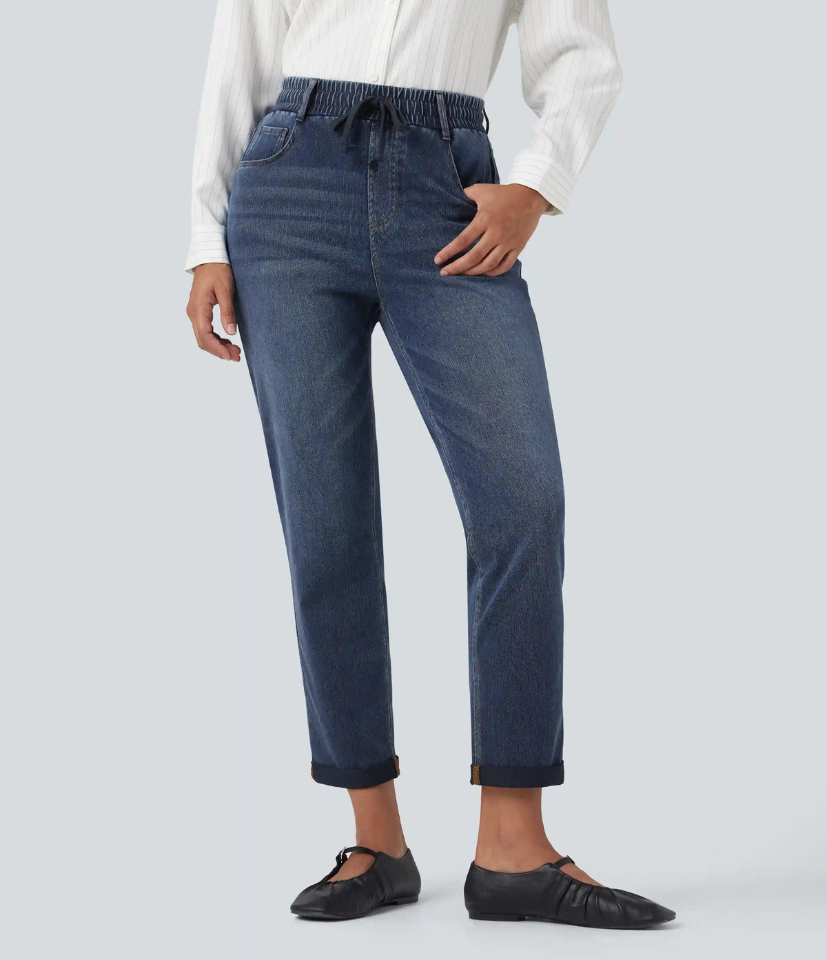 Halara Flex™ High Waisted Drawstring Rolled Hem Casual Slim Jeans with Pockets