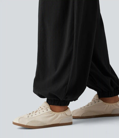 High Waisted Ruched Stacked Baggy Casual Linen-Feel Joggers with Pockets