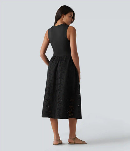 Round Neck Sleeveless Midi Embroidery Eyelet Resort Dress with Pockets