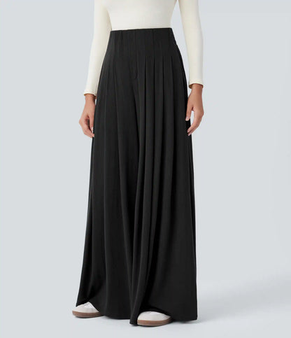 Ribbed Knit High Waisted Pleated Pocket Flowy Wide Leg Casual Pants