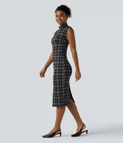High Neck Sleeveless Bodycon Houndstooth Plaid Midi Work Dress