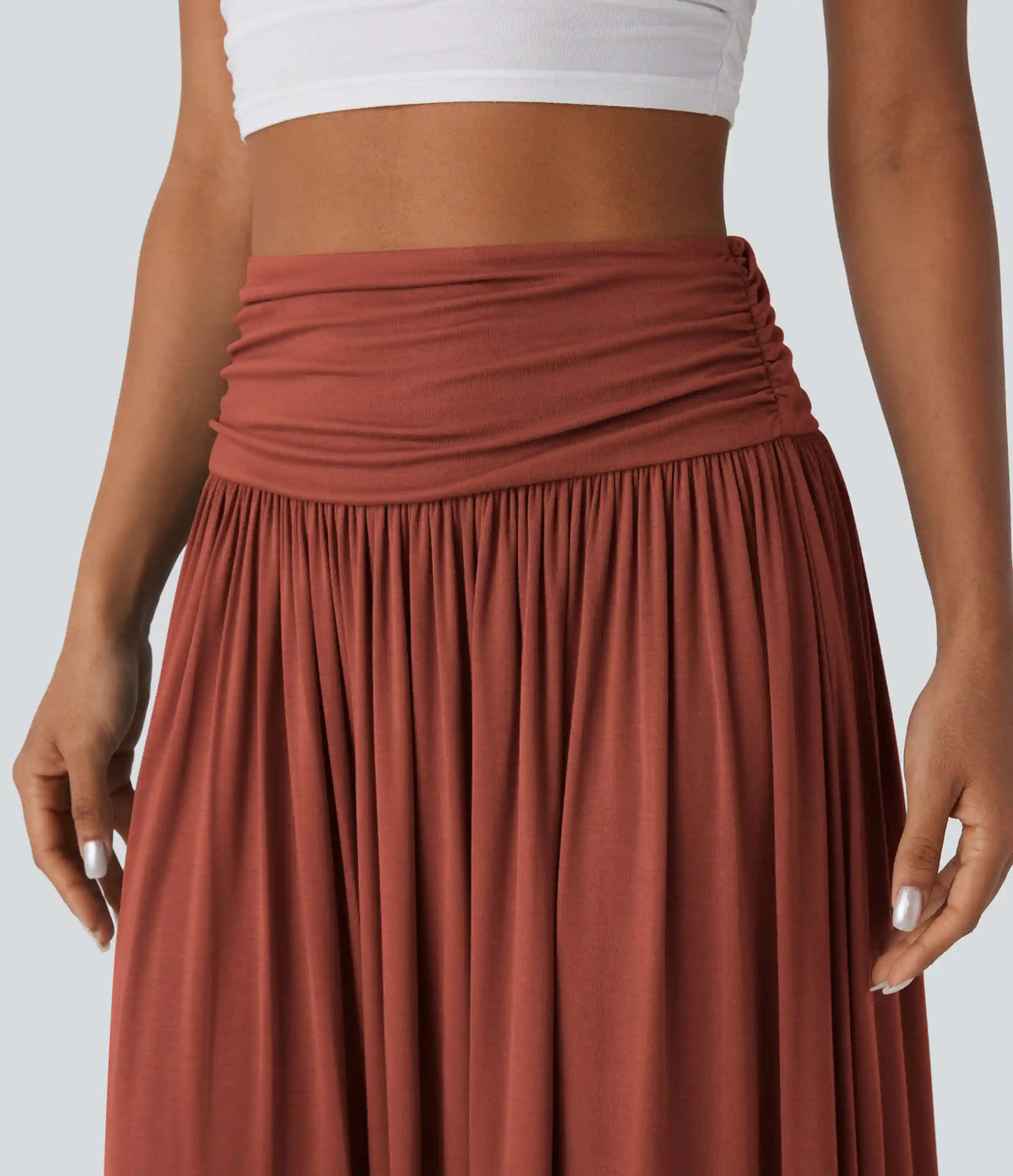 High Waisted Ruched Flowy Maxi Casual Skirt